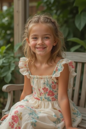 A 35-year-old girl sits confidently on a vintage-inspired wooden bench, surrounded by lush greenery in a soft focus background. She wears a flowy sundress with floral patterns, her hair styled in effortless waves, and a bright smile on her face. Her eyes sparkle as she gazes directly at the camera, conveying a sense of self-assurance and contentment.