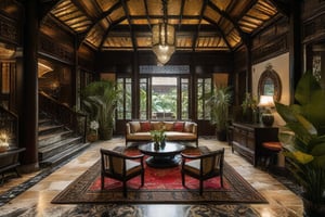 Create an image of an opulent Indochina resort showcasing an awe-inspiring interior design. The scene captures a spacious, open-concept lobby with high ceilings, adorned with intricate wood carvings and traditional silk fabrics. The lighting is soft and warm, highlighting the luxurious textures and vibrant colors of the decor. The composition includes elegant furniture pieces, lush tropical plants, and a grand chandelier. The overall atmosphere exudes a blend of modern luxury and traditional Indochinese charm, inviting viewers to experience the resort's captivating ambiance.