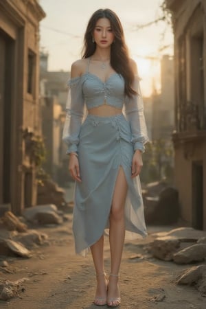 A cinematic photo of a stunning model dressed in light blue with open shoes, luxury dress, in the style of multi-layered textures, ornamental details, gothic core, highly detailed, photorealism, attractive and gorgeous beauty, while standing dominantly and confidently in a desolate place. , dark post-apocalyptic cityscape, capturing the stark juxtaposition of beauty and decay, with the model's perfect skin shining like a beacon of hope amidst the devastated cityscape. Photographed with a focused depth of field to blur the gloomy surroundings, emphasizing her striking, rebellious pose. full body, golden hour.