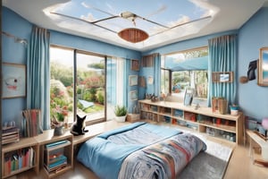 Bedroom with large windows, overlooking the garden, bathed in warm blue hues. The room is filled with various painting supplies and canvases on shelves, while a Cat sits at their desk surrounded by books and sketches, adding to the cozy atmosphere. In the background, you can see 
exotis garden outside, adding depth to the scene.