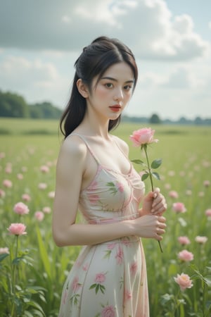 Oil painting, (girl holding a single rose), very delicate and soft lighting, details, Ultra HD, 8k, animated film, soft floral dress, walking through a meadow full of wide green grass,Beautiful girl 