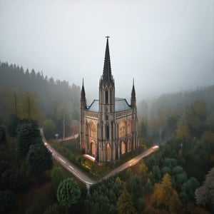 A misty forest scene featuring an old gothic cathedral with intricate stonework and towering spires. The cathedral is partially obscured by the dense fog, creating an eerie and mystical atmosphere. The lighting is soft and diffused, enhancing the cathedral's gothic architecture. The composition captures the cathedral's grandeur amidst the natural beauty of the forest, with trees and fog blending seamlessly around it.