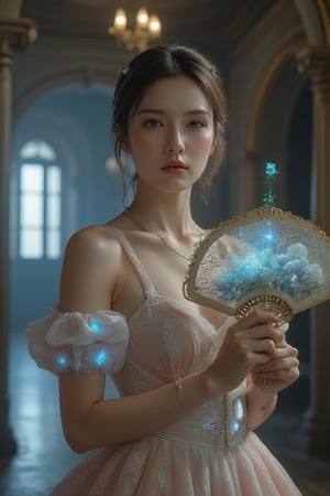 In a dimly lit, ornate chamber with gilded archways and neo-baroque fixtures, a Nordic girl stands out in an extravagant Neo-Rococo cyberpunk ensemble. She wears a pastel-hued dress with an oversized ruffled skirt, intricate lace patterns woven with glowing fiber optics that seem to pulse with a soft blue light. Her puffy sleeves feature holographic accents that shimmer and dance across her skin. The corset-style bodice showcases miniature LED displays and touch-sensitive panels, adding a touch of high-tech whimsy.

Her hair is styled in a complex updo, adorned with cybernetic accessories and neon streaks that seem to hum with energy. Her pale skin glows with subtle, iridescent makeup that catches the light. She wears chunky platform shoes with built-in screens that display a mesmerizing array of digital patterns.

In her hand, she holds an ornate handheld fan that doubles as a holographic projector, casting a miniature, ethereal world into the air. Delicate cybernetic implants at her temples and wrists glimmer like tiny jewels, adding to the overall aura of futuristic elegance.