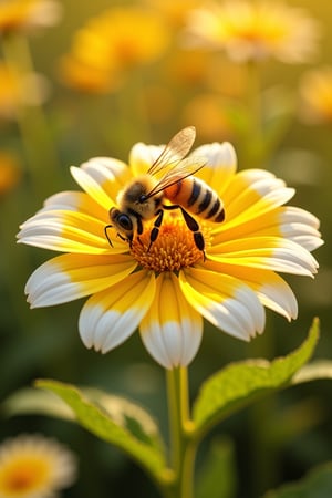 A majestic honeybee perches delicately on a vibrant yellow and white flower, its translucent wings glistening in the warm sunlight that casts a gentle glow on the petals. The bee's furry body blends seamlessly with the surrounding foliage as it collects nectar from the flower's center. The 8K resolution captures every intricate detail of the natural scene, from the delicate pollen grains to the soft focus of the blurred background.