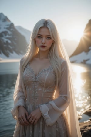 Imagine a captivating portrait photograph of a European woman with piercing blue eyes and flowing platinum hair, bathed in the soft golden light of a setting sun. Set against an Arctic backdrop of snow-capped mountains and a shimmering fjord, her ethereal features exude timeless allure and introspection, inviting viewers on a journey into her captivating presence.