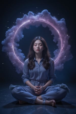 A surreal still life: A young girl sits cross-legged on a dark, starry background, her eyes closed in concentration. She's surrounded by swirling clouds of purple and blue gases, echoing the cosmic vortex of a black hole. Her hands rest palms-upward, as if channeling the celestial forces. The lighting is dim, with faint streaks of light tracing the curves of the galactic dust.,wonder beauty