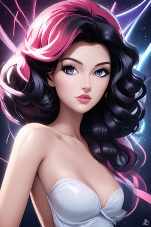 A captivating portrait of a mix black and pink medium hair style with luscious, big wavy locks framing her radiant face. Behind her, a vibrant digital abstract visuals adds a pop of color to the serene atmosphere.,Enhance,Realistic Enhance,Cartoon