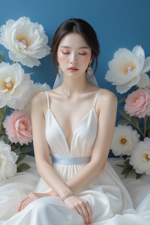 A serene young Asian woman, adorned in a flowing white sleeveless dress with delicate blue accents, sits poised amidst a whimsical floral arrangement, its petals unfolding like tender brushstrokes on a canvas of soft focus. Her hair is styled in a neat low bun, secured by a slender white ribbon that wraps delicately around her neck like a whispered secret. A silver necklace and bracelet glint softly, imbuing the scene with subtle luminescence. As she sits elegantly, eyes closed in quiet contemplation, vibrant flowers seem to dance across wavy white clouds drifting lazily against the deep blue backdrop, their gentle movements echoing the soft rhythm of her peaceful reverie.,luxury style