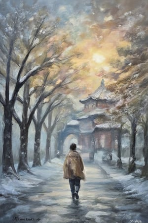 A misty Beijing winter morning unfolds in vivid detail. Framed by delicate watercolor brushstrokes, frozen lakes and snow-dusted trees gleam softly, as the Forbidden City's majestic walls stand sentinel against the biting cold. In the foreground, a solitary figure, wrapped in luxurious layers, hastens to find solace from the chill, their breath visible in the crisp air.