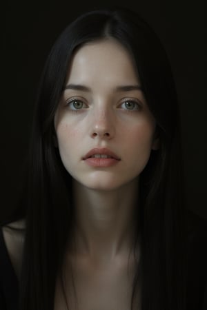 A close-up shot of the young woman's face, her piercing green eyes gazing directly into the camera lens. She sits calmly in a dimly lit studio, her raven-black hair falling in loose waves down her back. A single spotlight casts a warm glow on her porcelain skin, accentuating the subtle contours of her features. The soft focus and dramatic lighting create an intimate atmosphere, drawing the viewer's attention to the subject's enigmatic expression.,t-shirt,Enhanced all