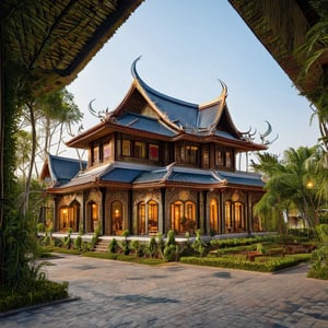 A detailed depiction of an Indochina-style building, showcasing intricate architectural elements, traditional motifs, and ornate carvings. The composition captures the building's grandeur with a wide-angle view, highlighting its intricate rooflines and decorative facades. The lighting is soft and warm, emphasizing the rich textures and colors of the building. The scene is set in a lush tropical environment, with vibrant greenery framing the structure.