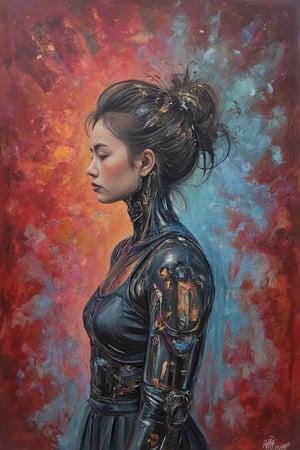 A surreal high school portrait: A teenage cyborg girl stands out against an abstract red background with a fantastic blue gradient. Her hair disintegrates into small pieces, turning to powder as it moves away from her head, amidst thick brush strokes that convey a sense of unstructured freedom. HDR enhances the vibrant colors, further emphasizing the mysterious and otherworldly atmosphere.,teenager