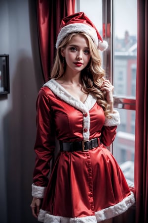 MrsClaus is posing by a window, wide open image,1 girl, 32 years old, santa_outfit,santa_hat