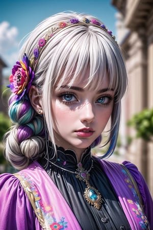 1 girl, silver-white hair, straight line cut bangs, flowers, outdoor, sky, extreme detailed, realistic, solo, beautifully detailed eyes, detailed fine nose, detailed fingers,
(masterpiece, top quality, best quality, official art, beautiful and aesthetic:1.2),(1girl:1.4), portrait,,extreme detailed,(fractal art:1.3),(colorful:1.5),highest detailed,(aristocracy:1.5),Anne