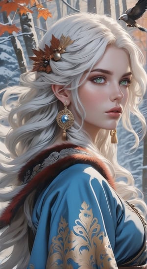 A fierce female warrior fighting in a snowy forest, in Medieval cloak, fur trimmed cloak, long hair, looking at viewer, blue eyes, simple background, (hair ornament), gem, tassel, hair between eyes, jewelry, upper body, earrings, lips, fur trim, eyelashes, portrait, beads, emo, (sharp eyes:1.4), (rebellious:1.4), (fierce:1.4), (standing: 1.2), silver-white hair, Gothic make-up, tough, wild. Kyoto Animation stylized anime, cinematic Lighting, ethereal light, intricate details, extremely detailed, incredible details, full colored, complex details, insanely detailed and intricate, hyper maximalist, gorgeous light and shadow, detailed decoration, detailed lines. Masterpiece, best quality, aerial view, HDR, UHD, unreal engine. looking at the camera, dark Fantasy background, representative, fair skin, beautiful face,A beautiful girl, blonde hair, dynamic character, detailed exquisite face, bold high quality, high contrast,art_booster,DonMS4kur4XL,she has a big belly