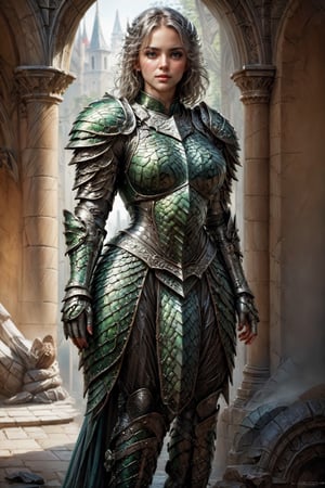 (((Top Quality: 1.4))), (Unparalleled Masterpiece), (Ultra High Definition), (Art by Carne Griffiths), (Ultra-Realistic 8k CG), official art,attractive posing, female gladiator, stunningly beautiful cleaned face,highly detailed armor , messy Hair,  muscular_body:1.4, tanned skin:1.4,,large breasts,( ruins background),sunlight makes beautiful gradient of shadow and adds depth to image, (muted colors, dim colors, muted tones: 1.3), low saturation, (hyper detail: 1.2), perfect anatomy,(half body image from head to thigh:1.2),Female,dragon armor
