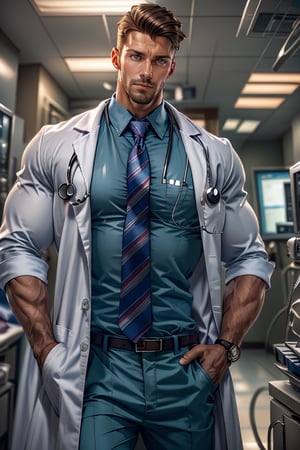 realistic, masterpiece, best quality, detailed, natural lighting, soft shadow, detailed background, photography, depth of field, intricate details, detailed face, subsurface scattering, realistic eyes, muscular, photo of a handsome man, sexydoctor, coat, (30 years old), hospital, stethoscope, pants, (shirt), necktie,sexydoctor