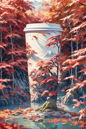 (paper cup), still life photography, Surrealist dream style, iron chain, autumn_leaves, fallen_leaves, autmun, Mt. Fuji, maple trees, ,aple leaves, landscape, lake, water reclection,  