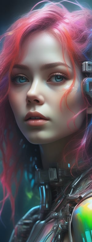 Watercolor portrait of a cute neon girl with iridescent colors and a CYBERNETIC face, perfect composition, hyperrealistic, super detailed, 8k, high quality, trending art, trending on artstation, sharp focus, studio photo, intricate details, highly detailed, by greg rutkowski, illustration, watercolor, yuji shinkawa