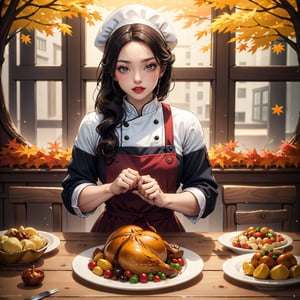 High quality digital artwork, thanksgiving theme. Scene that captures the essence of the holiday, adorable and whimsical muscle girl. Endearing characters engaged in humorous and heartwarming thanksgiving activities, wearing a chef's hat, playfully interacting with charming autumn-themed elements. Warm and vibrant colors to evoke the festive spirit. Drawing art style, funny and very cute visual appeal. Excellent resolution, high quality of professional-grade digital art,Color Booster,More Detail