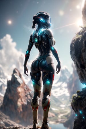 (35mmstyle:1.2), Highly detailed RAW color Photo, Rear Angle, Full Body, of (female space marine, wearing white and red space suit, futuristic helmet, tined face shield, rebreather, accentuated booty), outdoors, (standing on Precipice of tall rocky mountain, looking out at magical lush green rain forest on alien planet), vivid detail, (exotic alien planet), toned body, big butt, (sci-fi), (mountains:1.1), (lush green vegetation), (two moons in sky:0.8), (highly detailed, hyperdetailed, intricate), (lens flare:0.7), (bloom:0.7), particle effects, raytracing, cinematic lighting, shallow depth of field, photographed on a Sony a9 II, 35mm wide angle lens, sharp focus, cinematic film still from Gravity 2013, viewed from behind, dynamic angle, ass worship