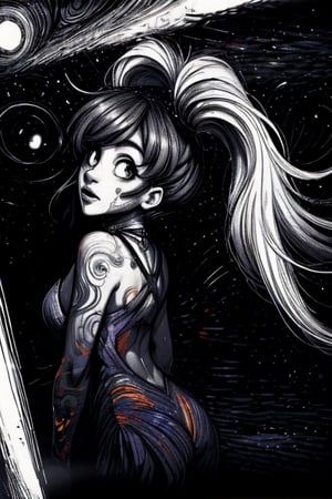 a detailed photo of a pretty girl with cosmic stars in her and colorfull cosmic back ground,Monster,pturbo,aw0k euphoric style,LinkGirl,Movie Still,detailmaster2,High detailed ,monochrome,EpicArt,Color magic,sketch,perfecteyes,greyscale,Saturated colors,Color saturation ,ink,xjrex,Exe,manga panel