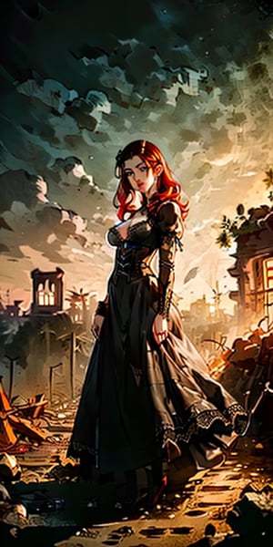 a vampire lady with ginger hair, light grey eyes with black mascara, and pale skin that juge you as an inferior being. She lives in the ruins of an old church. She wears a red dress with lots of lace. On top of it she has a black leather corset.
,RING,EpicArt