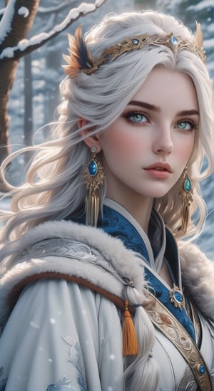 A fierce female warrior fighting in a snowy forest, in Medieval cloak, fur trimmed cloak, long hair, looking at viewer, blue eyes, simple background, (hair ornament), gem, tassel, hair between eyes, jewelry, upper body, earrings, lips, fur trim, eyelashes, portrait, beads, emo, (sharp eyes:1.4), (rebellious:1.4), (fierce:1.4), (standing: 1.2), silver-white hair, Gothic make-up, tough, wild. Kyoto Animation stylized anime, cinematic Lighting, ethereal light, intricate details, extremely detailed, incredible details, full colored, complex details, insanely detailed and intricate, hyper maximalist, gorgeous light and shadow, detailed decoration, detailed lines. Masterpiece, best quality, aerial view, HDR, UHD, unreal engine. looking at the camera, dark Fantasy background, representative, fair skin, beautiful face,A beautiful girl, blonde hair, dynamic character, detailed exquisite face, bold high quality, high contrast,art_booster,DonMS4kur4XL