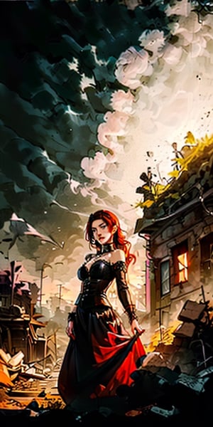 a vampire lady with ginger hair, light grey eyes with black mascara, and pale skin that juge you as an inferior being. She lives in the ruins of an old church. She wears a red dress with lots of lace. On top of it she has a black leather corset.
,RING,EpicArt