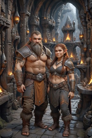 ripped young Dwarf man holding young dwarf woman, dwarven tattoos, clothes, depth_of_field, 8k, complex_background, short, blacksmith, detailed_face, Hair_hazel,aw0k euphoric style