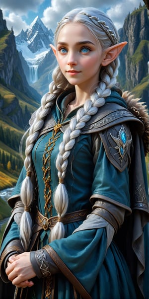 Extreme detailed,ultra Realistic,
beautiful young ELF lady,platinum silver shining hair, long elvish braid, side braid, blue-grey eyes,elf ears,(carries a beautiful hawk on arm:1.2),
Wearing leather tunic, hooded cloak, animal fur hood, intricate clothing, animal fur clothing, dark clothing, waistband, scarf, soft smile, bending posture, looking into the distance, 
snowy mountain scenery, overlooking valley, river, white clouds, seen from behind,ol1v1adunne