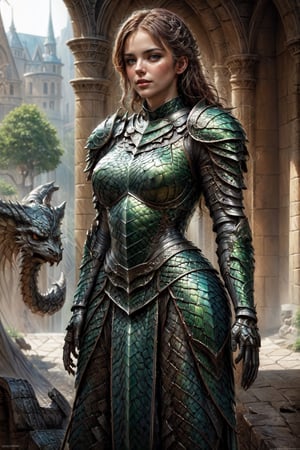 (((Top Quality: 1.4))), (Unparalleled Masterpiece), (Ultra High Definition), (Art by Carne Griffiths), (Ultra-Realistic 8k CG), official art,attractive posing, female gladiator, stunningly beautiful cleaned face,highly detailed armor , messy Hair,  muscular_body:1.4, tanned skin:1.4,,large breasts,( ruins background),sunlight makes beautiful gradient of shadow and adds depth to image, (muted colors, dim colors, muted tones: 1.3), low saturation, (hyper detail: 1.2), perfect anatomy,(half body image from head to thigh:1.2),Female,dragon armor