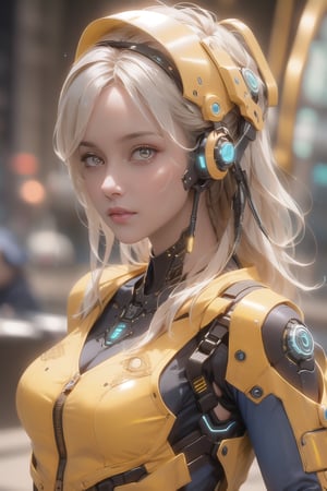 woman wearing a cyberpunk style shiny gold helmet with robotic features, the reflection on her face is made of glowing blue wires with intricate details, hyper realistic photography in the style of editorial pose, photorealistic, 8k, high render --v 6.0 --ar 9:16. Has pants,1 girl,disney pixar style