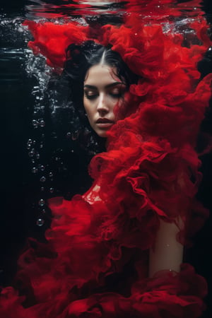 A black haired woman underwater, her head is submerged in water and she has red paint running down the side of it, the hair covering half face, the dress is made from lace with ruffles, dark background, bubbles around, high fashion style, dark colors, red smoke on top, photography, hyperrealistic