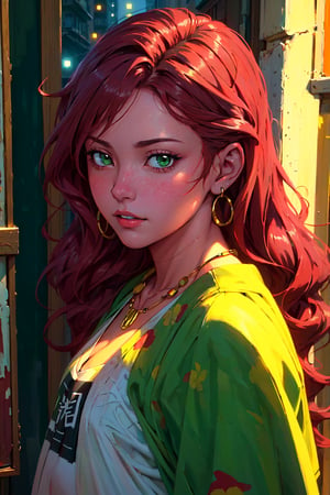1girl, solo, Yukina, oil painting, impasto, looking at viewer, a young woman, 32 years old, red hair, shoulder length hair, green eyes, muscular body, tribal necklace, urban psychedelic outfit, psychedelic  background, masterpiece, nijistyle, niji, ,sciamano240, soft shading, yukina