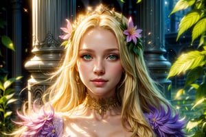 Flower Princess, Rapunzel, Beautiful, Glowing yellow glow, Long blonde hair, Green eyes, Lilac dress, Green ivy, Nice young face, Soft tan skin,Art germ, Fantastical, intricately details, Splash screen, Complementary colors, fantasy concept art, she is 32 years old
,1 girl