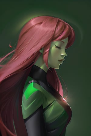 gear00d, a woman with a red hair, closed eyes, upper body, from side, profile, colored skin, green background, green skin, Extensive, 