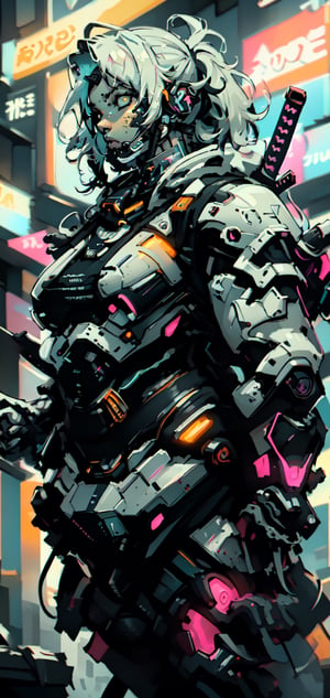 (best quality,  masterpiece),  aesthetic,  2 tone,  gold and black,  simplified shapes,  style of Overwatch game,  dark pop color,  a futuristic gold and red thick armor suit,  glowing body part,  glowing weapon laser canon,  light reflection,  vivid colors,  glittery light,  bokeh,  blurry_light_background, Movie Still,  neon light on armor , Mechanical part,  short white_hair,  ((neon_eyes)),  tattoos,  highly detailed,  ultra detailed,  very intricate,  surreal,  Kanji,  Katakana