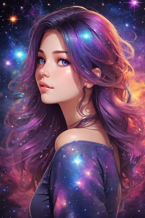 a detailed photo of a pretty girl with cosmic stars in her and colorfull cosmic back ground,Monster,pturbo