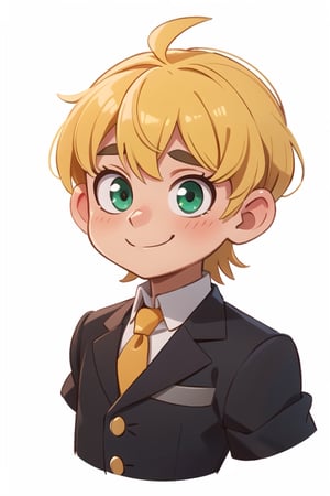 white background, anime style, chibi, illustrated logo, portrait, three-quarter head, medium short shot, meliodas , green eyes , Yellow hair , White shirt, red tie, cheerful, black vest, (meliodas 7ds), meliodas 7ds