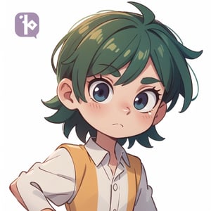 masterpiece, white background, anime style, chibi, illustrated logo, portrait, three-quarter head, medium short shot, emote for twitch of a meliodas 7ds, medium dark verde eyes, Cabello amarillo , camisa blanca, corbata roja, cheerful, one arm raised, waving,