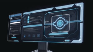 high tech ui, spaceship status panel, holographic interface, commands