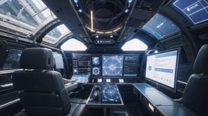 high tech ui, spaceship status panel, holographic interface, commands, hubble