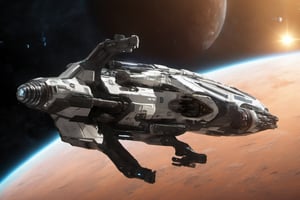  space, high_resolution, high detail, gas giant , realistic, realism, military space battle ship in maintenance, futuristic, ion_engines, derelict, star citizen, star field