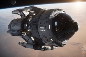  space, high_resolution, high detail, the earth from outer space, realistic, realism, cylindrical space station, futuristic, ion_engines, derelict, star citizen, star field, spacex, cinematic