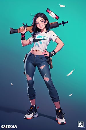 young woman, with a shotgun, in a white t-shirt, fuxia shirt, light blue pants with torn holes, medium black hair, smiling face, young face, nike booties shoes