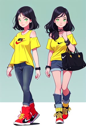 TEENAGE GIRL WITH BLACK HAIR, GREEN EYES, BIG BUST, YELLOW T-SHIRT WITH BLACK SHOULDERS, BLUE JEANS, BLACK SNEAKERS WITH WHITE AND RED ANKLE BOOTS, BRACELETS ON THE WRISTS young face, nike booties shoes