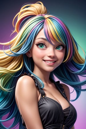 girl, very cute, happy, smiling, blue and yellow hair, light skin, green eyes, with an artistic rainbow background.