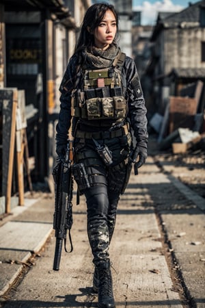 (best quality, 4k, 8k, highres, masterpiece:1.2), ultra-detailed, hyper-realistic, full_body, a military operative travelling the ruins of bgc wearing full tactical gear, walking towards viewer looking towards viewer, unique, ray tracing, dark hair, long free flowing hair, large breast, plate carrier vest with magazines, m4a1 (girls' frontline), leggings, full battle gear, combat boots, photo realistic, dynamic lighting, , volumetric lighting, very detailed faces, 4k, 1girl, filipina, brown skinned, 5'6" tall, deep shadow, low key, insane details, perfecteyes, insane details, high details ,insane details ,high details,High detailed ,Color magic,tacticool