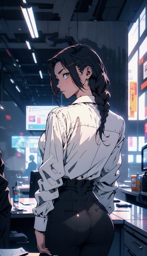 masterpiece, best quality, ultra-detailed, Potrait of beautiful MakimaCSM, solo, shirt, long_sleeves, white_shirt, collared_shirt, pants, from_behind, arms_behind_back, black_pants, formal, suit, arm_behind_back, shirt_tucked_in, facing_away, office_lady, business_suit, high-waist_pants, volumetric lighting, best quality, masterpiece, intricate details, tonemapping, sharp focus, hyper detailed, trending on Artstation, 